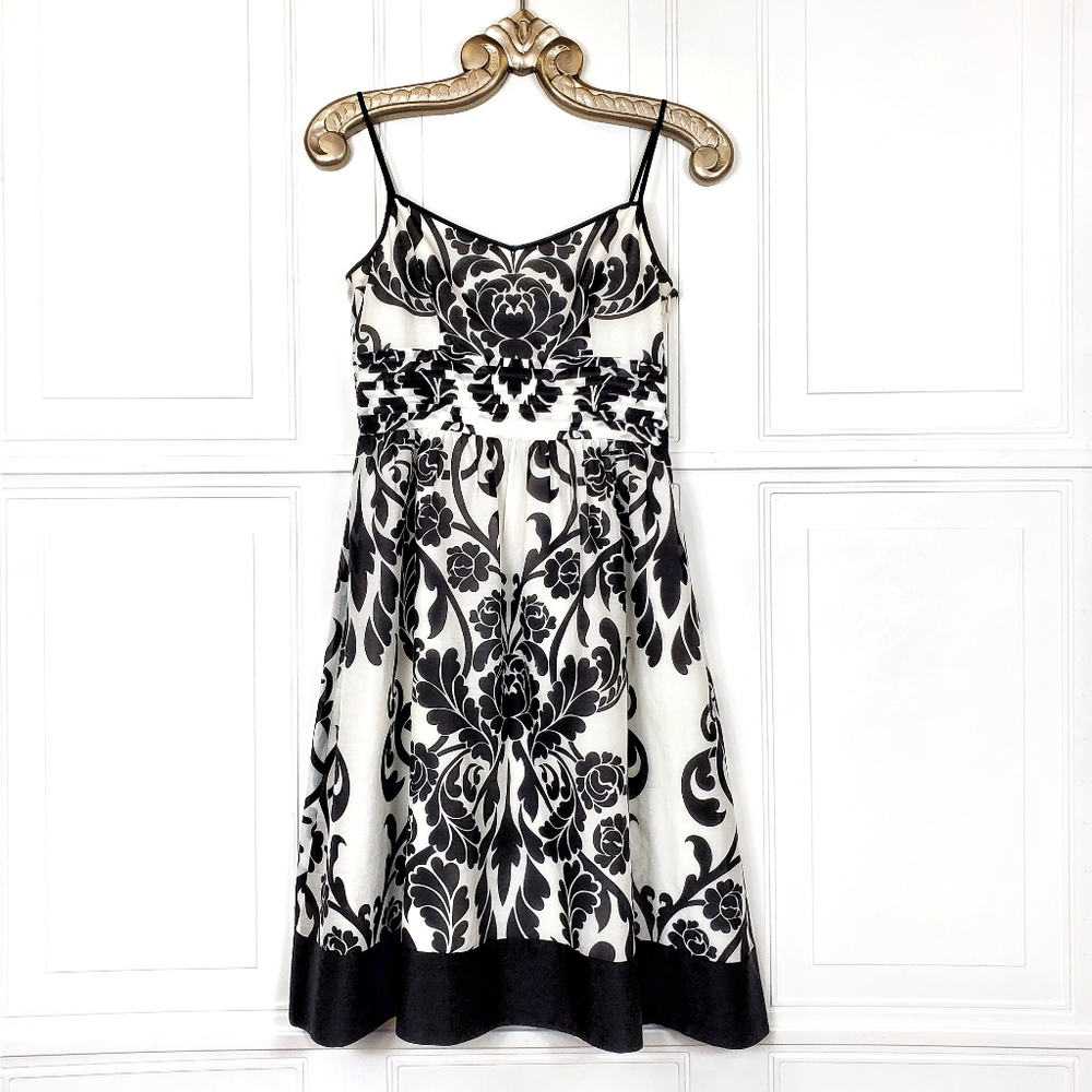 ANN TAYLOR Silk Cotton Floral Dress Sz 2 Spaghetti Strap Print Black White